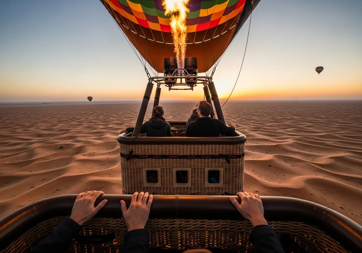 Aerial view of Dubai dunes from a hot air balloon basket