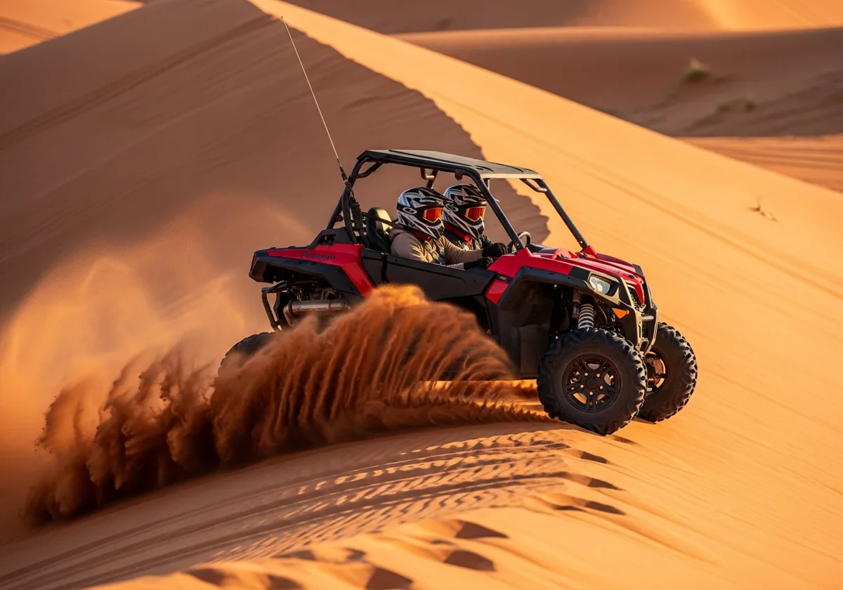 2 Seater Polaris RZR 1000cc buggy riding through the Dubai desert