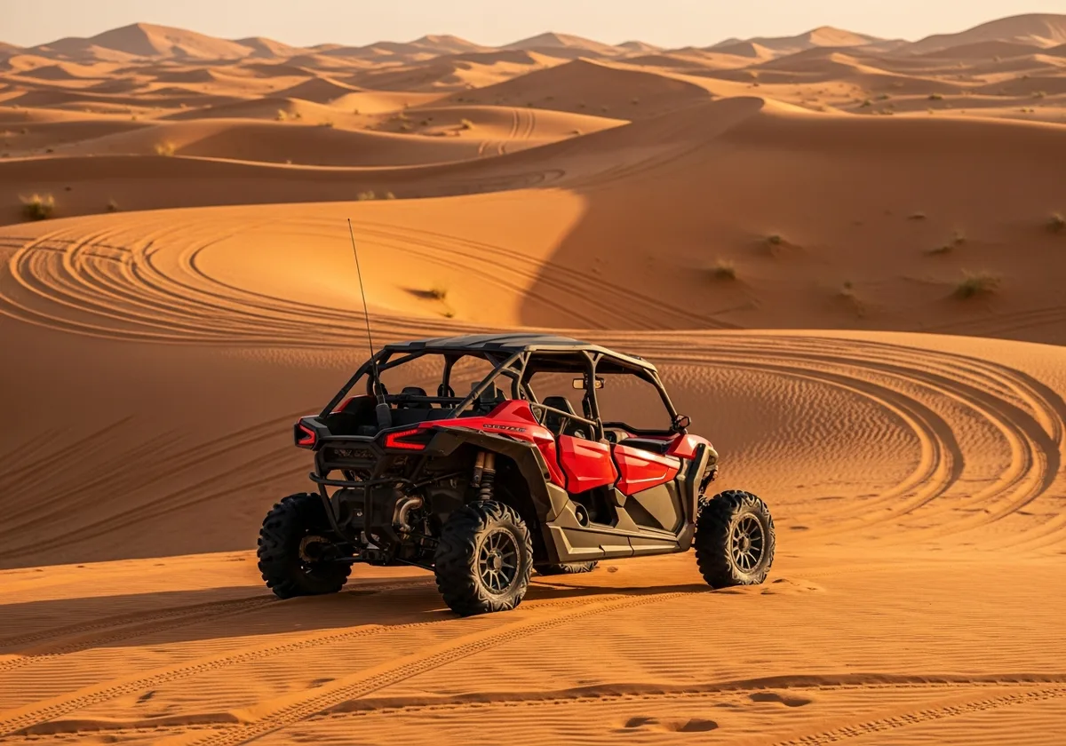 2 Seater Polaris RZR 1000cc buggy parked at a red dune at golden hour in Dubai