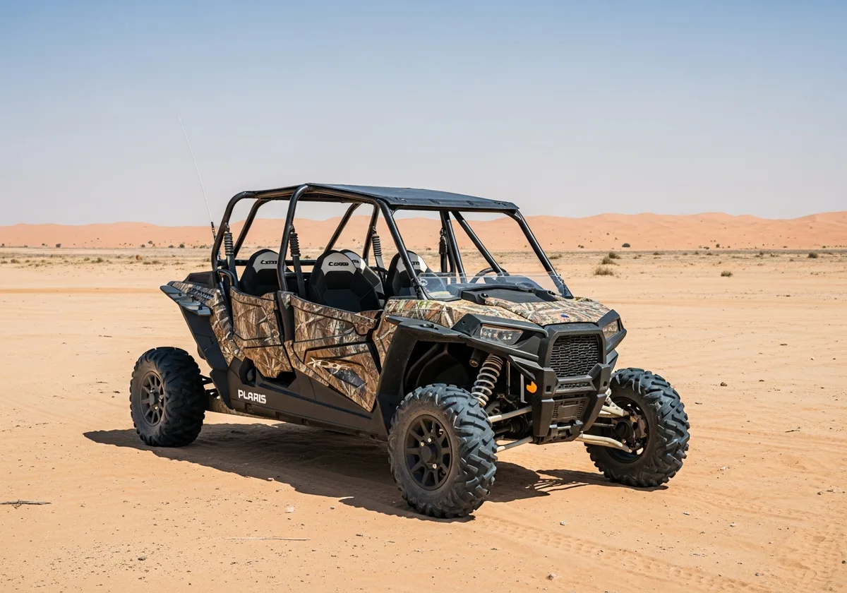 4 Seater Polaris RZR 1000 CC buggy parked in the open Dubai desert