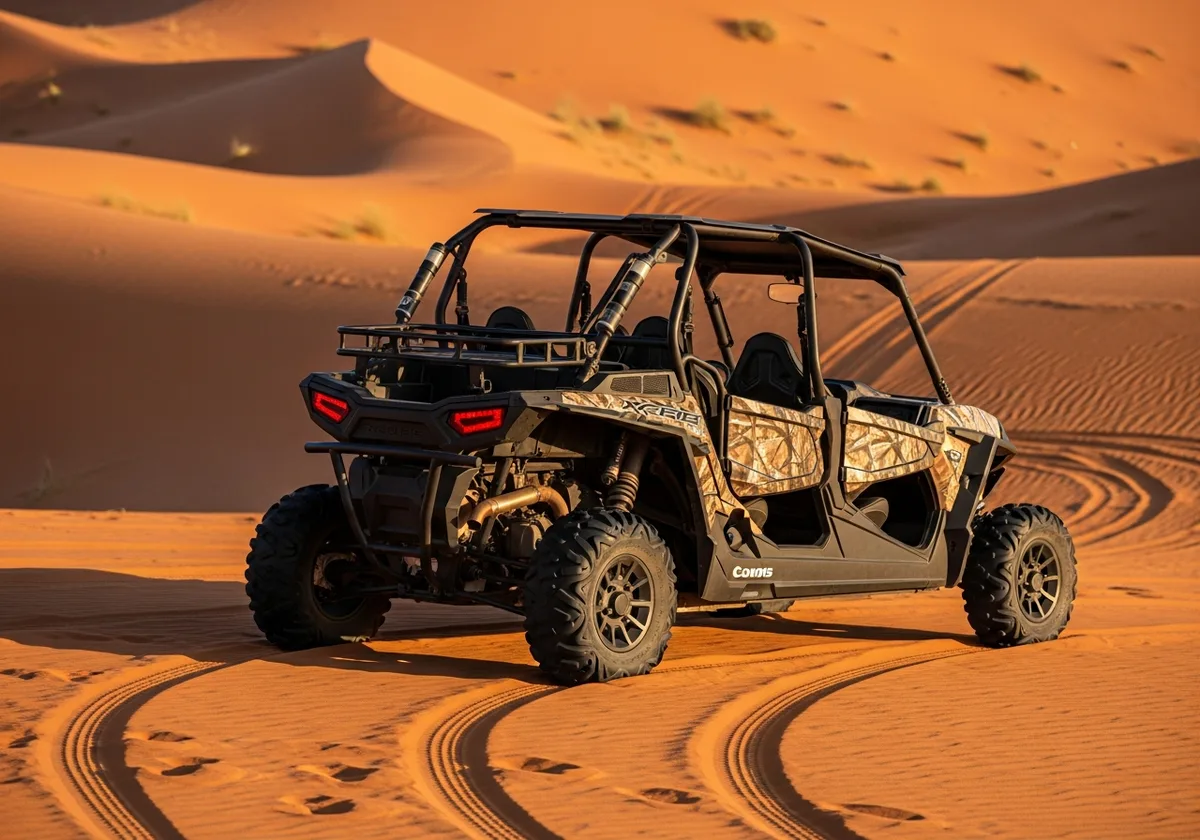 4 Seater Polaris RZR 1000 CC buggy parked at a red dune at golden hour in Dubai