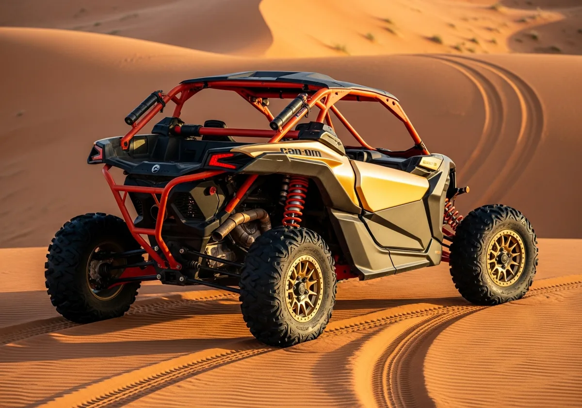 2 Seater Can-Am Maverick X3 buggy parked at a red dune at golden hour in Dubai