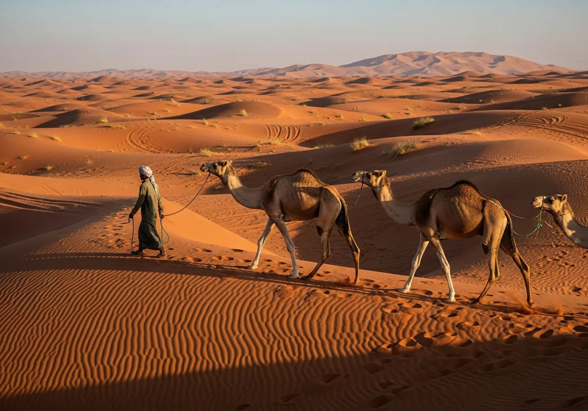 Camel caravan crossing the red dunes near Dubai at golden hour