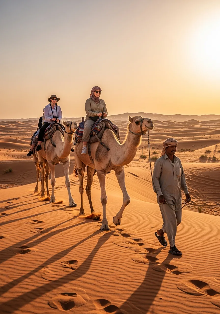 Camel caravan walking across a dune at golden hour in Dubai