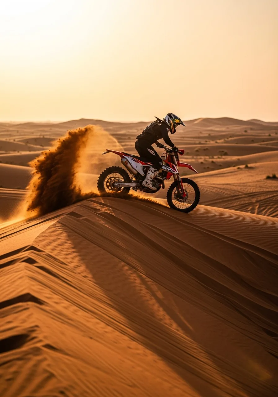 Dirt bike rider cresting a dune ridge in the Dubai desert