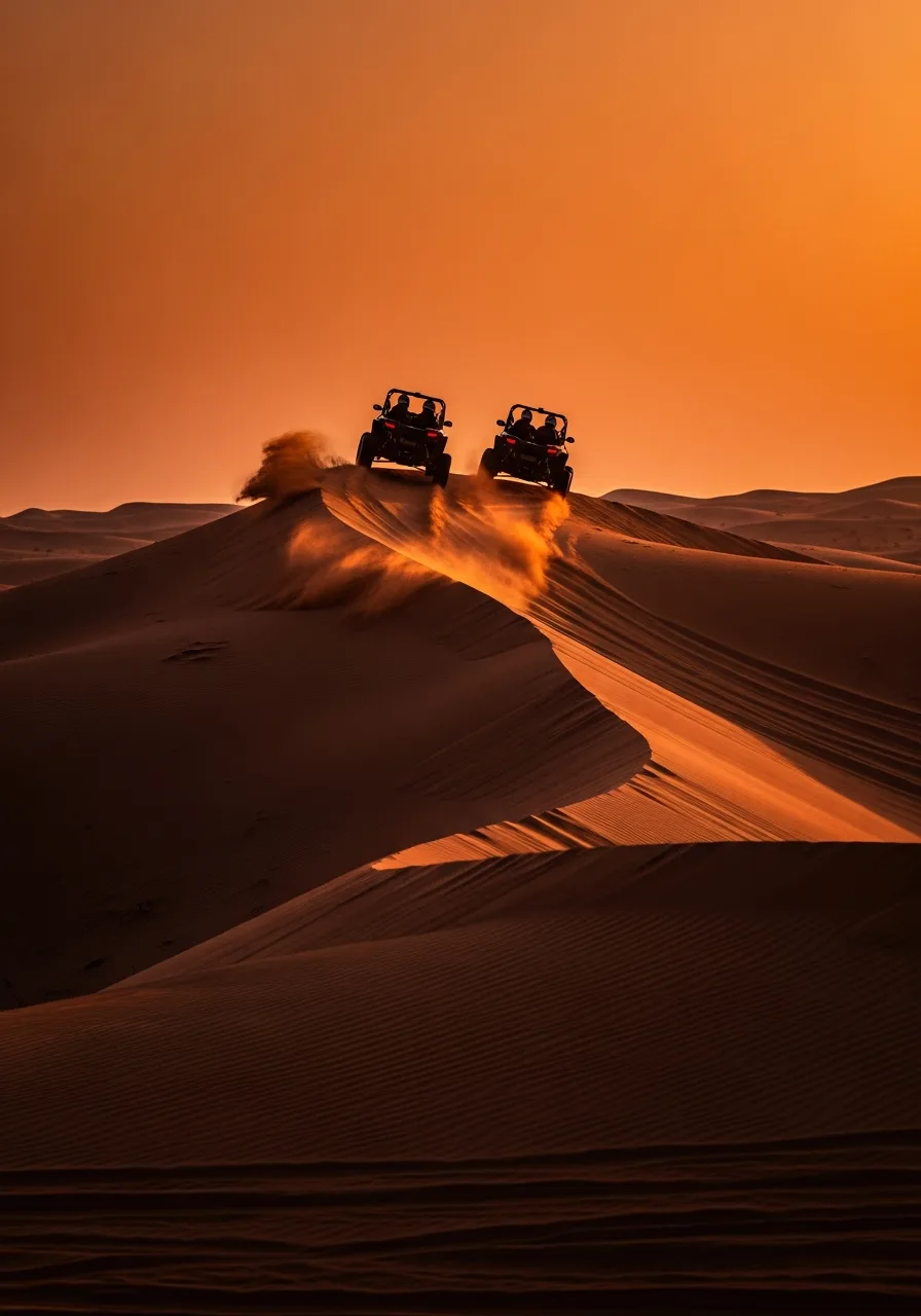 Off-road dune buggies cresting a red dune at sunset in Dubai