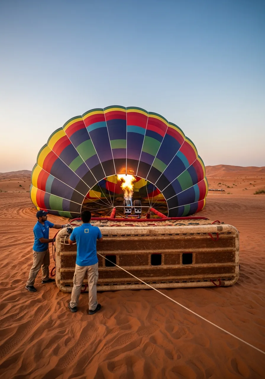 Hot air balloon inflated on the desert floor at dawn near Dubai