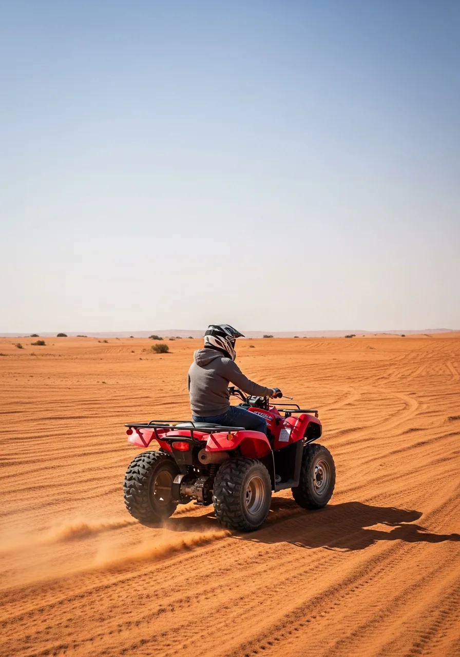 Rider on a quad bike crossing open red desert in Dubai