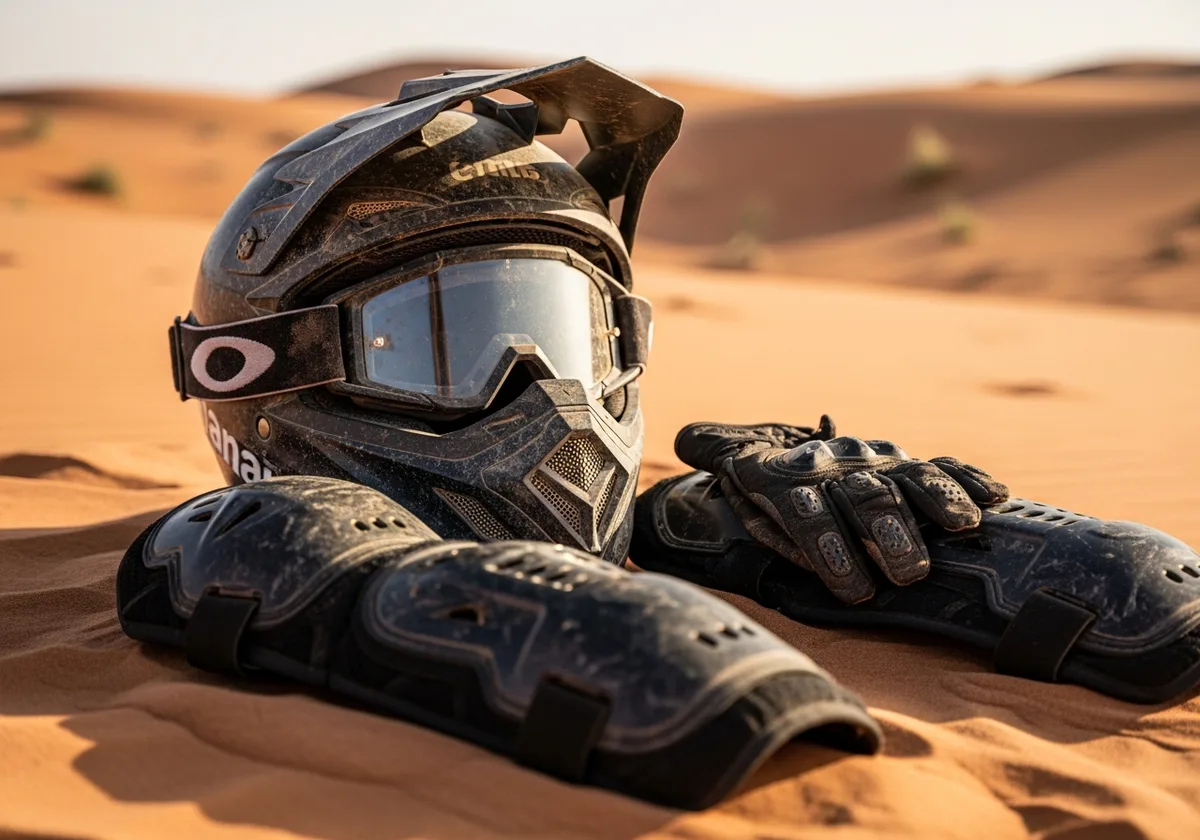 Close-up of KTM dirt bike protective gear including helmet, goggles and body armor
