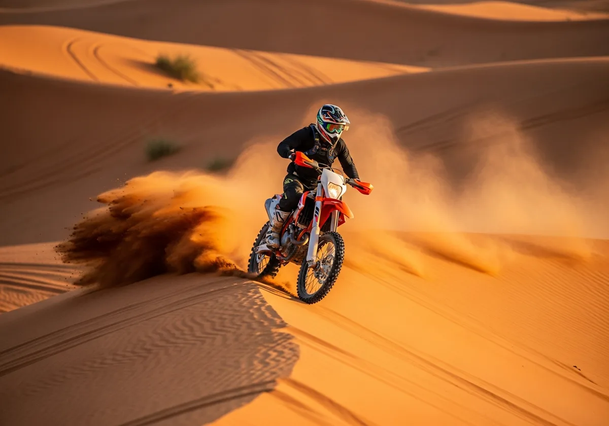 Dirt bike rider cresting a dune in Dubai