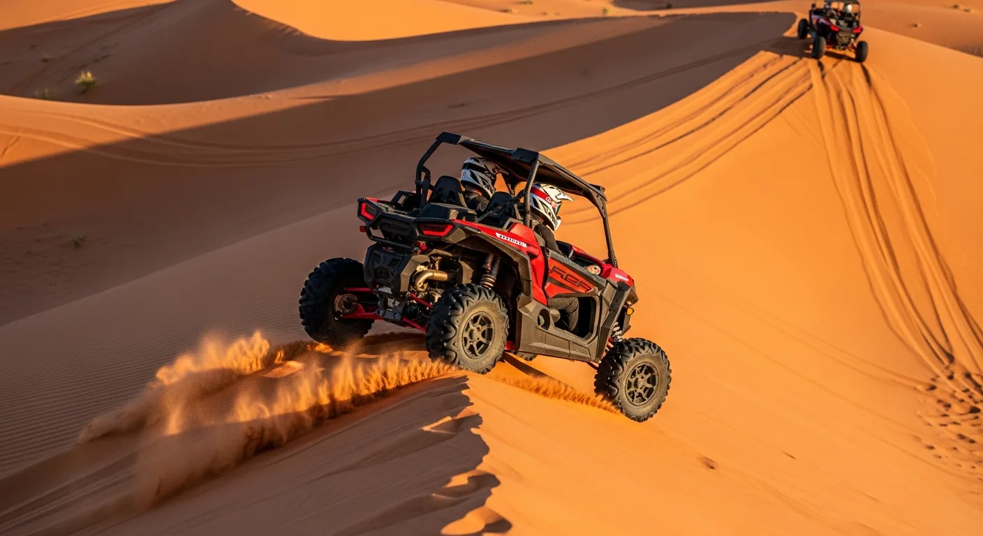 Off-road buggy descending a red sand dune at golden hour in the Dubai desert
