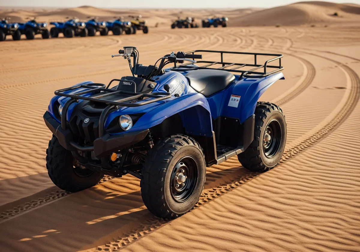 Yamaha Grizzly quad bike riding across open desert in Dubai