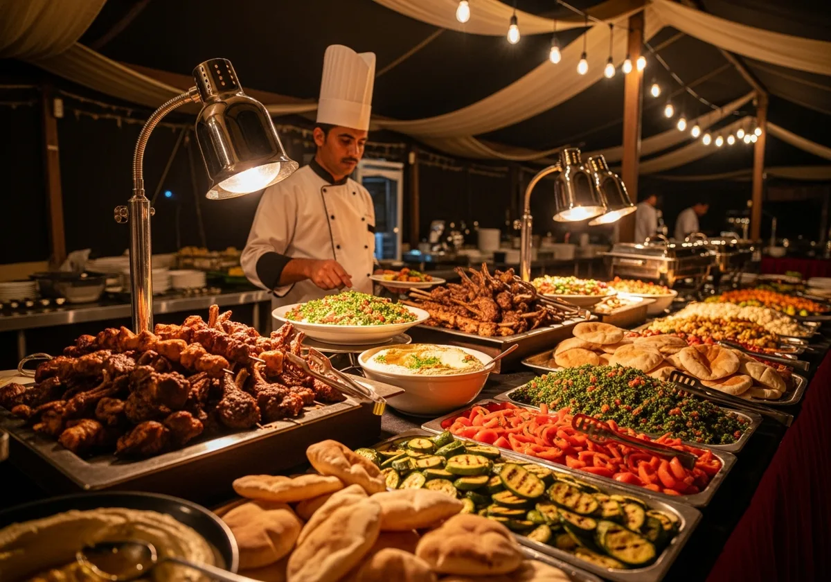 BBQ buffet dinner spread at the desert camp
