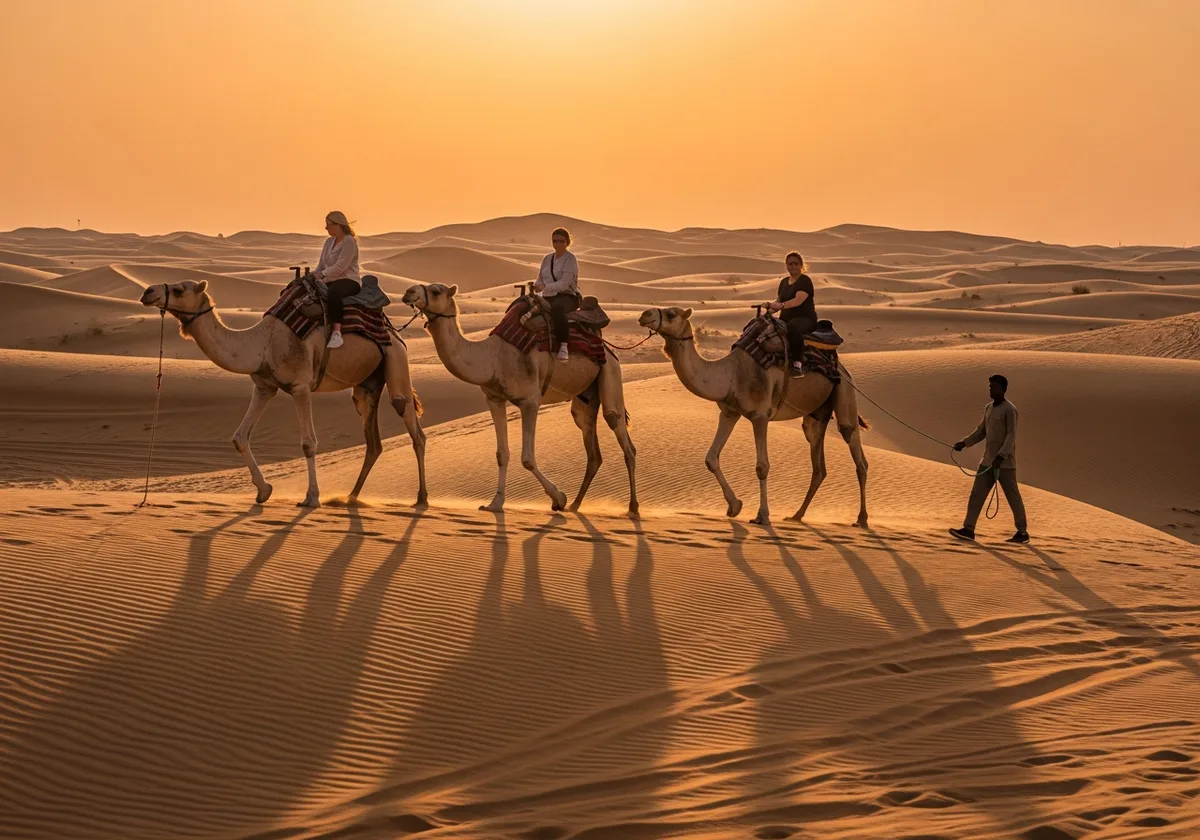Evening Desert Safari with BBQ dinner camel ride at sunset in Dubai
