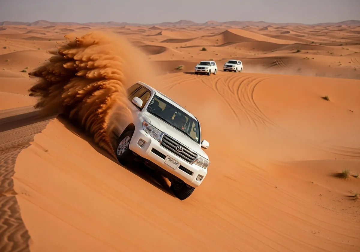Land Cruiser dune bashing at sunset during the evening desert safari